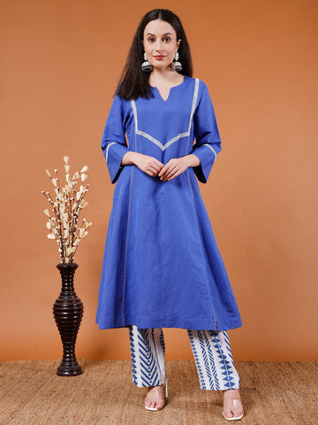 Organic Cotton Blue Kurta with Geometric Print Pants