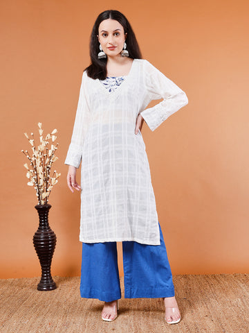 Organic Cotton White Kurta with Blue Wide-Leg Pants