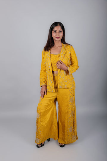 Yellow Crop Top with Sequins embroidery Jacket and Flared Pant
