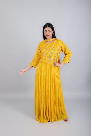 Yellow Gown with Embroidery and Necklace Duppata