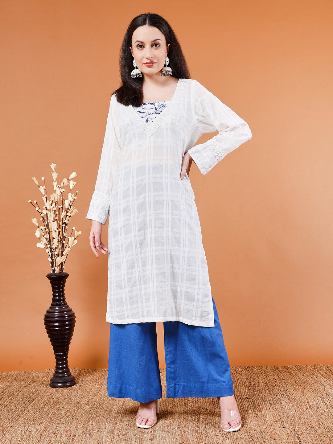 Organic Cotton White Kurta with Blue Wide-Leg Pants