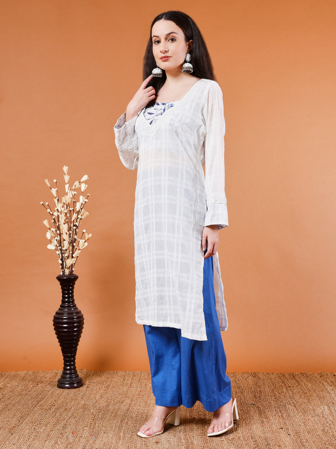 Organic Cotton White Kurta with Blue Wide-Leg Pants