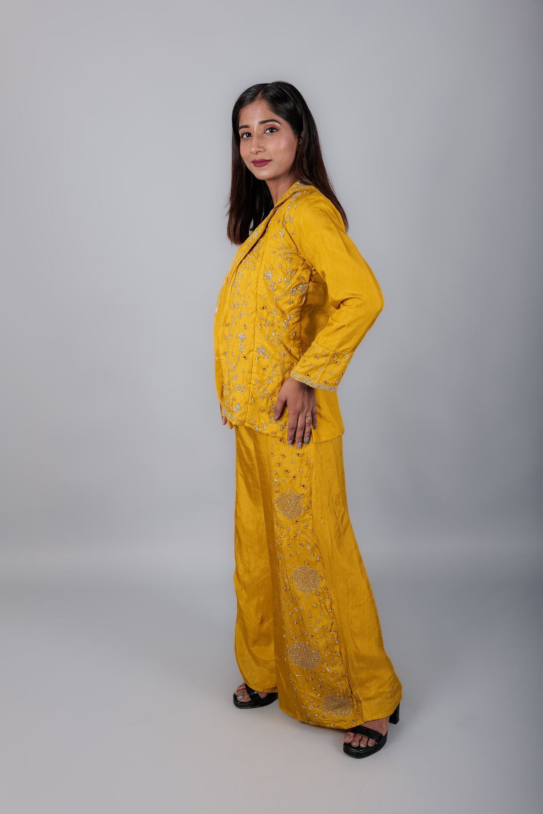 Yellow Crop Top with Sequins embroidery Jacket and Flared Pant