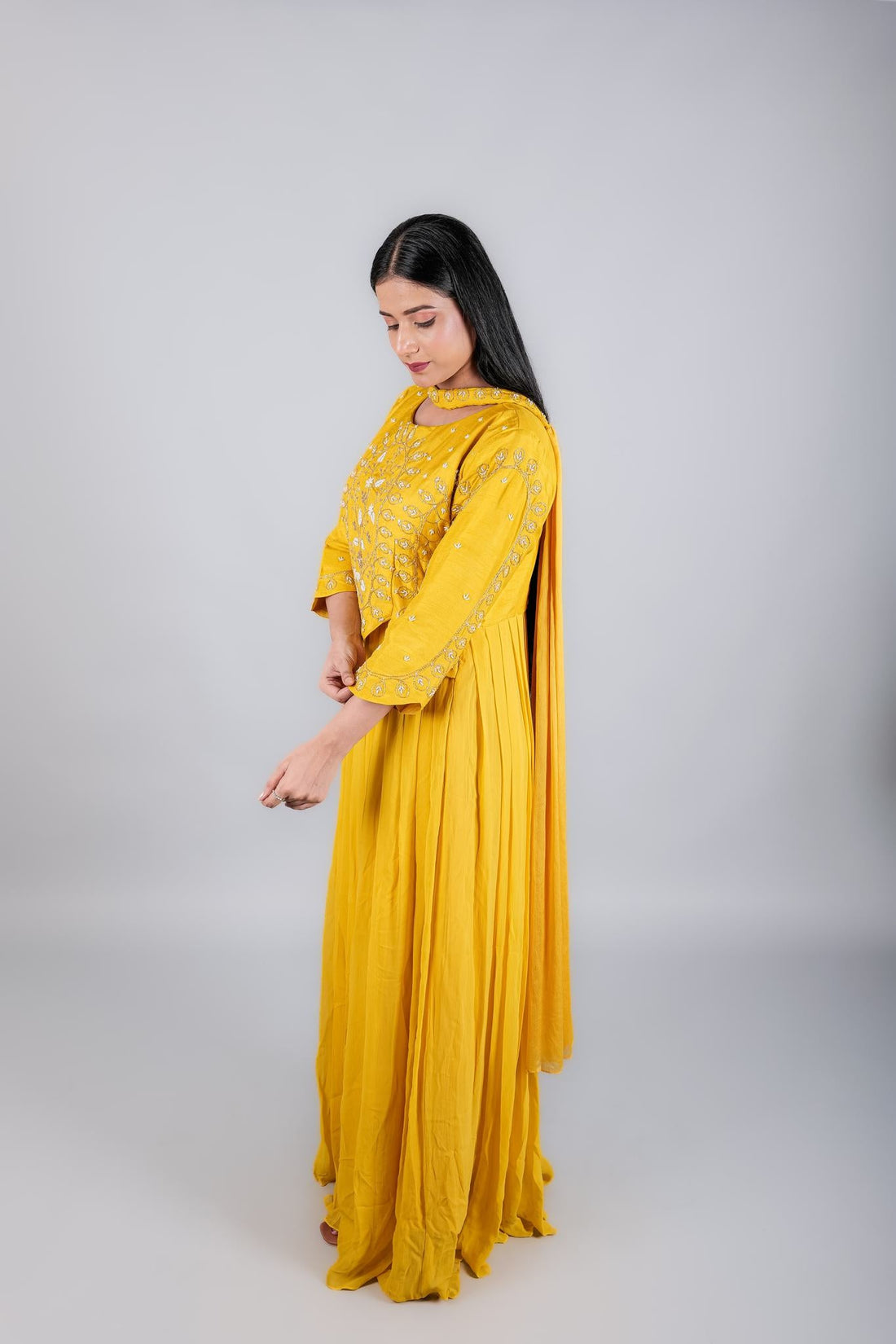 Yellow Gown with Embroidery and Necklace Duppata