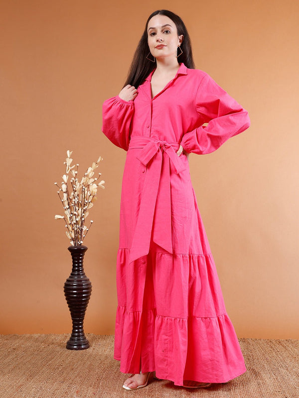 Bold Pink Cotton Maxi Dress - Kaayada