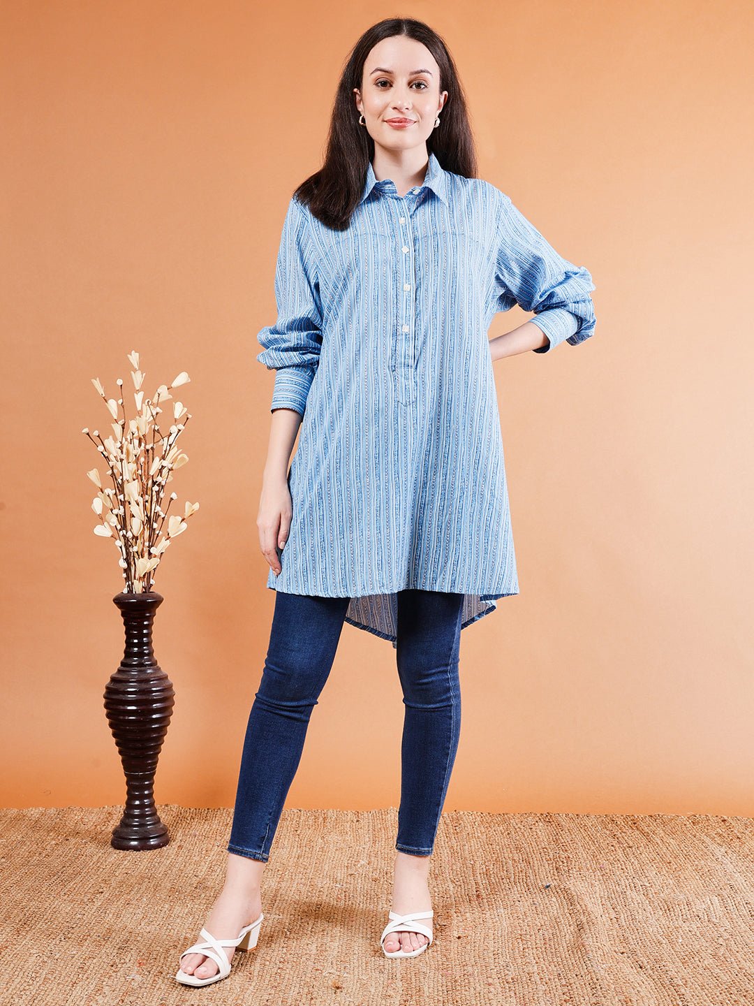 Casual Striped Hi - Lo Cotton Shirt - Kaayada