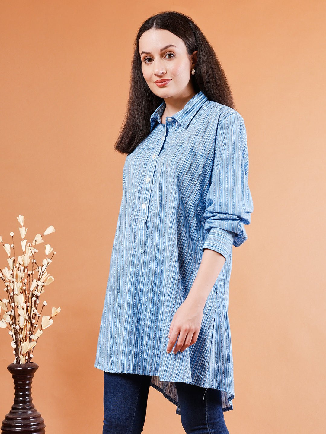 Casual Striped Hi - Lo Cotton Shirt - Kaayada