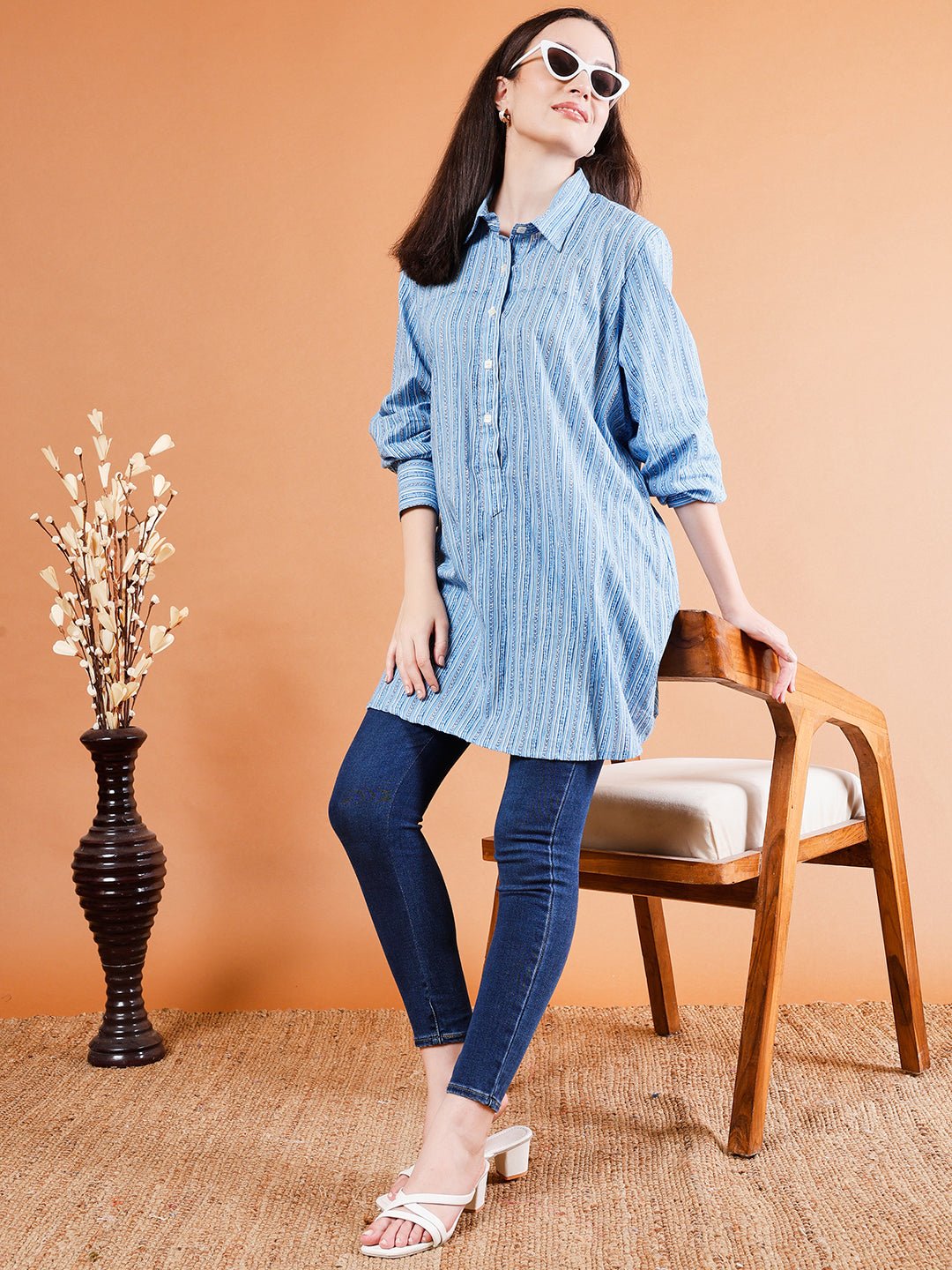 Casual Striped Hi - Lo Cotton Shirt - Kaayada