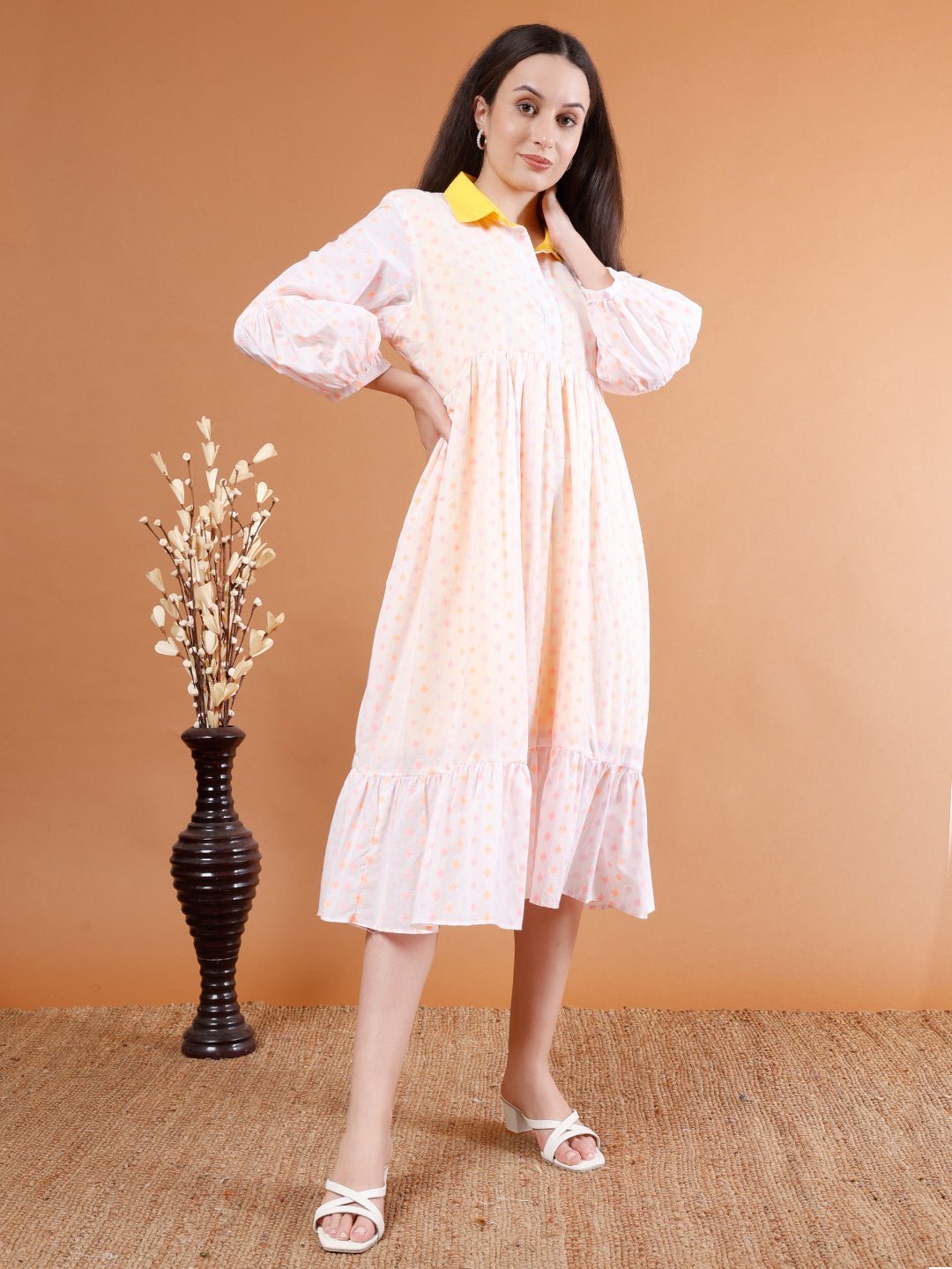 Elegant Collared Flow Organic Cotton Dress - Kaayada