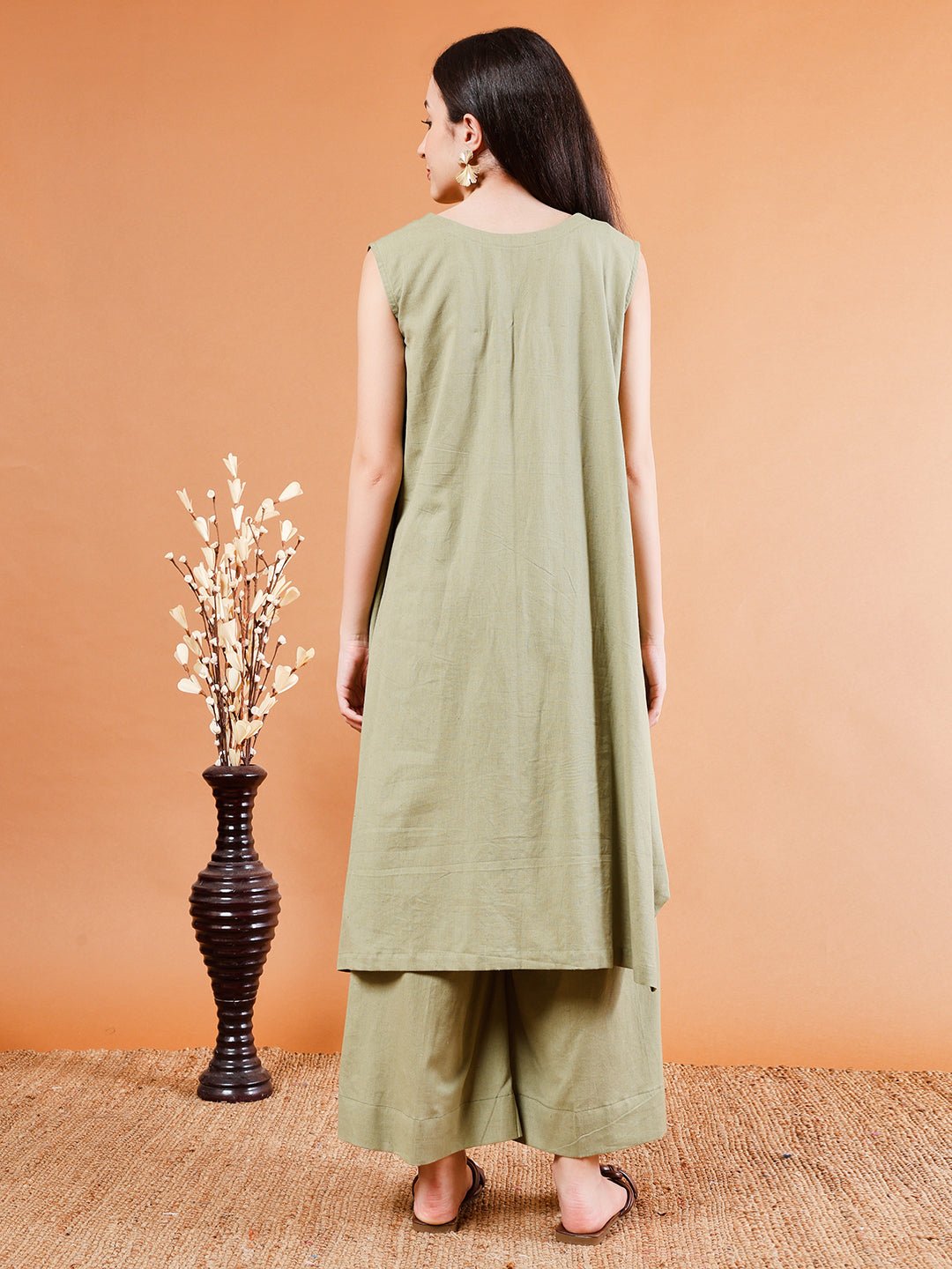 Elegant Olive Green Asymmetrical Kurta Set - Kaayada