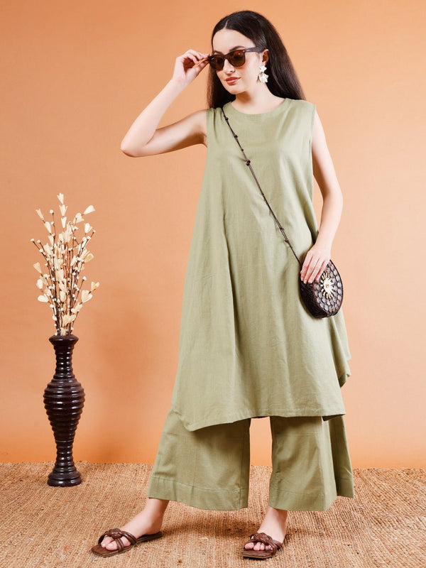 Elegant Olive Green Asymmetrical Kurta Set - Kaayada