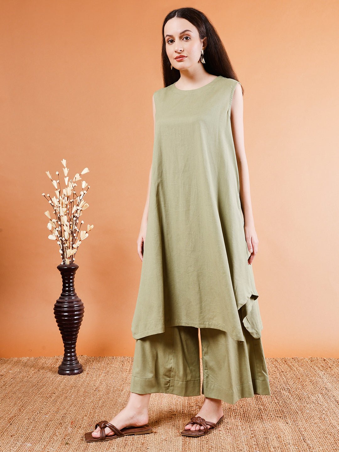 Elegant Olive Green Asymmetrical Kurta Set - Kaayada