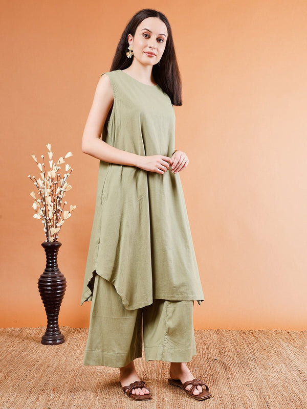 Elegant Olive Green Asymmetrical Kurta Set - Kaayada