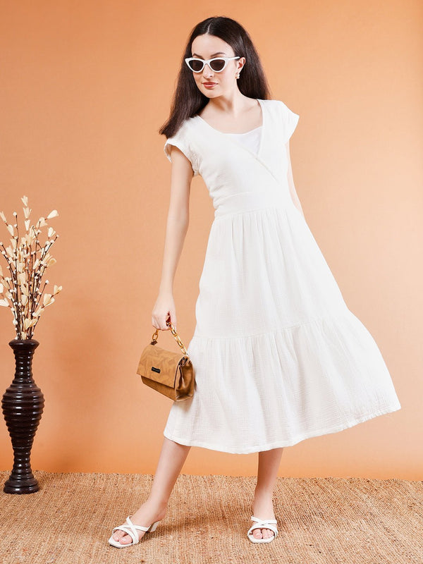 Elegant White Crushed Organic Cotton Dress - Kaayada