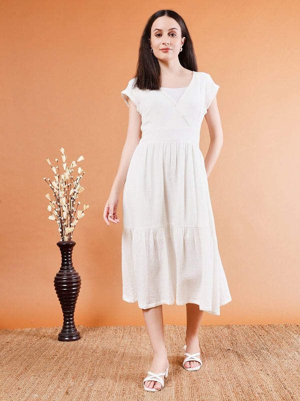 Elegant White Crushed Organic Cotton Dress - Kaayada