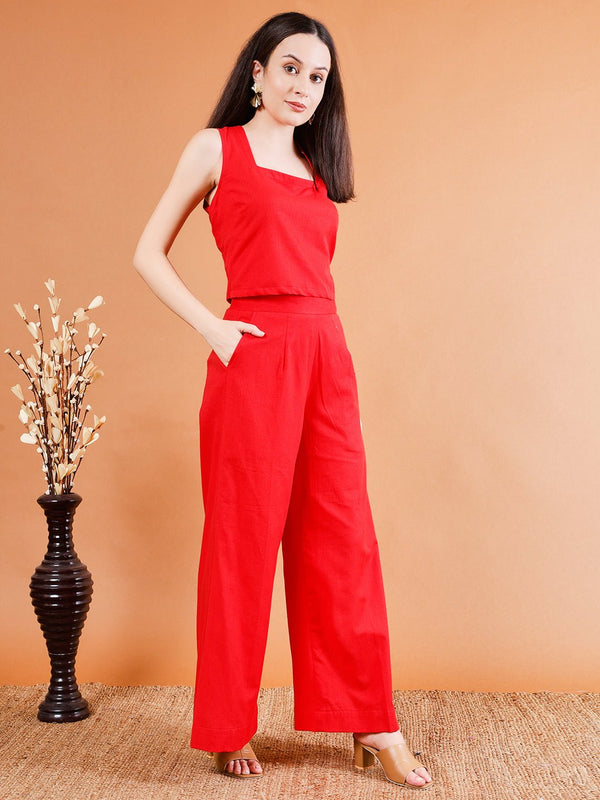 Fiery Red Sleeveless Crop Top Set - Kaayada