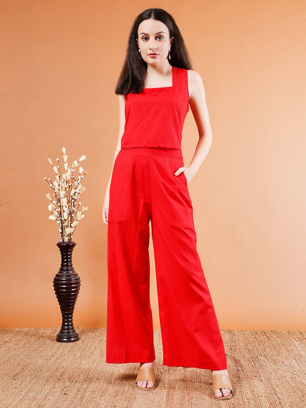 Fiery Red Sleeveless Crop Top Set - Kaayada