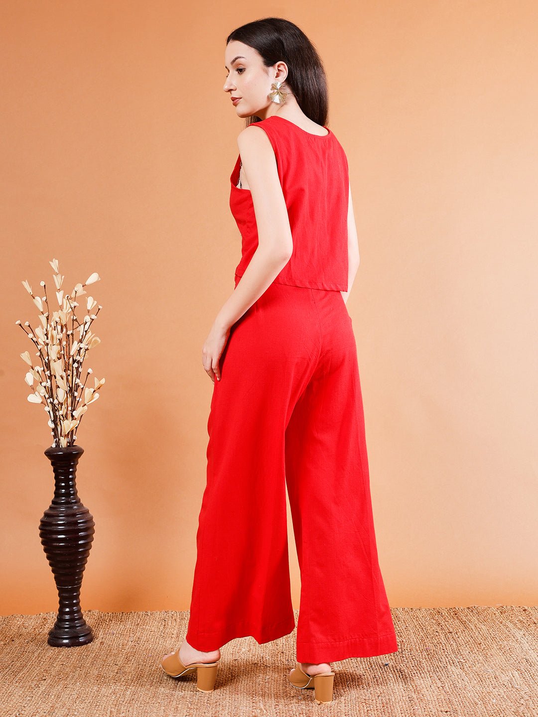 Fiery Red Sleeveless Crop Top Set - Kaayada