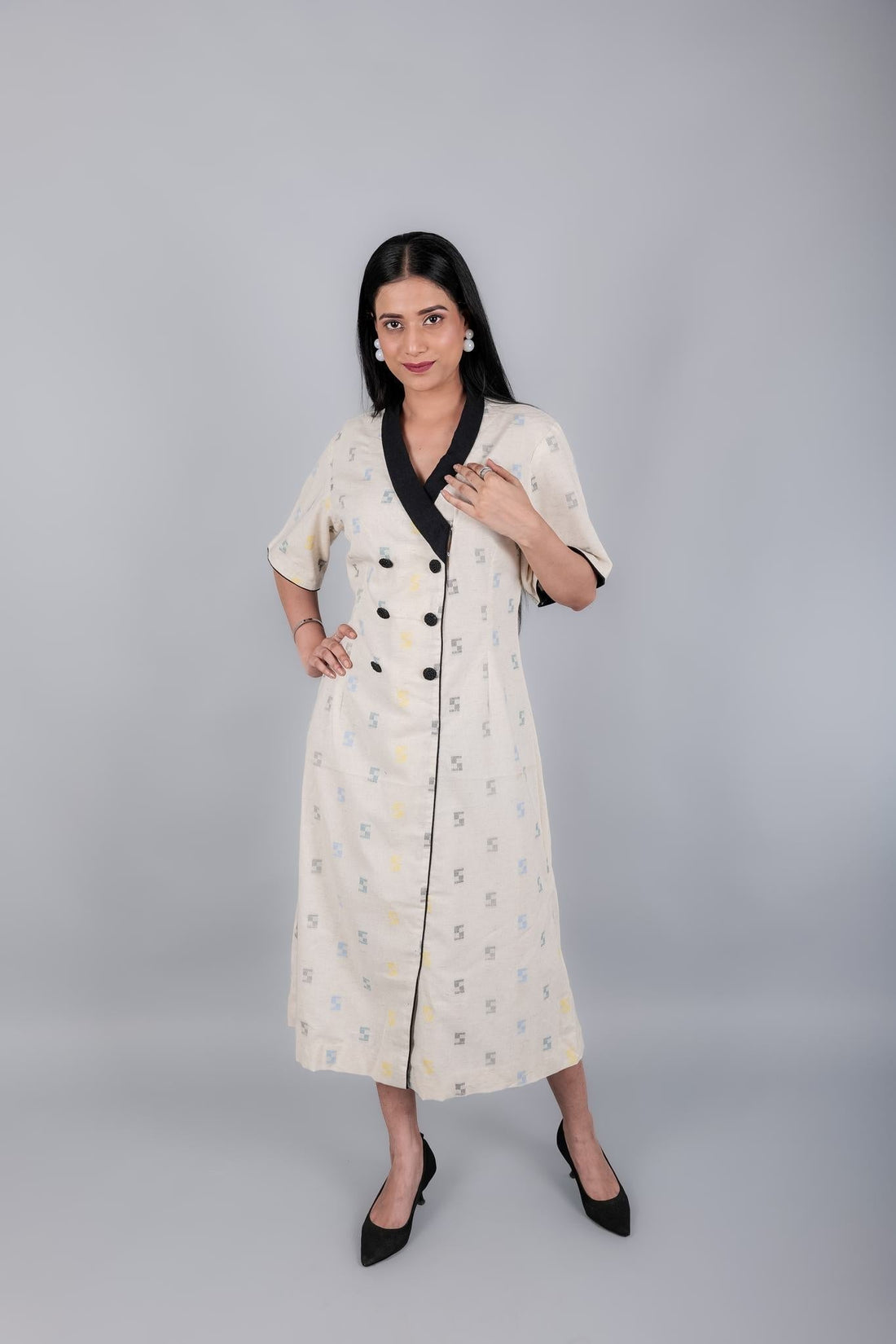 Off - White Khadi Cotton Jamdani Long Coat - Style Dress - Kaayada