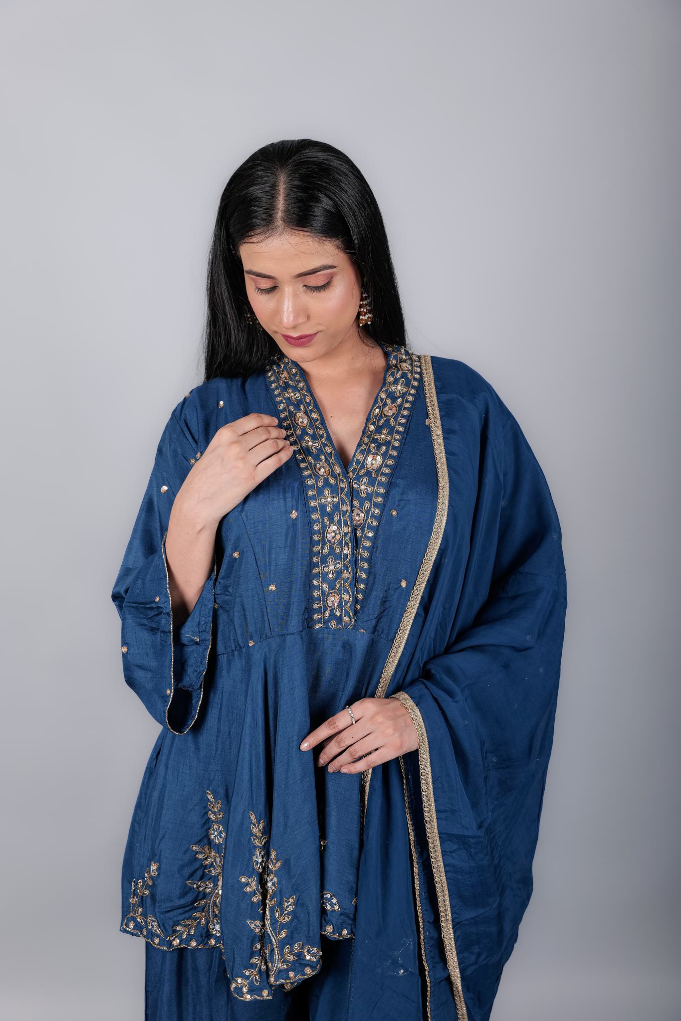Royal Blue Sharara Dress with Embroidery and Duppata - Kaayada