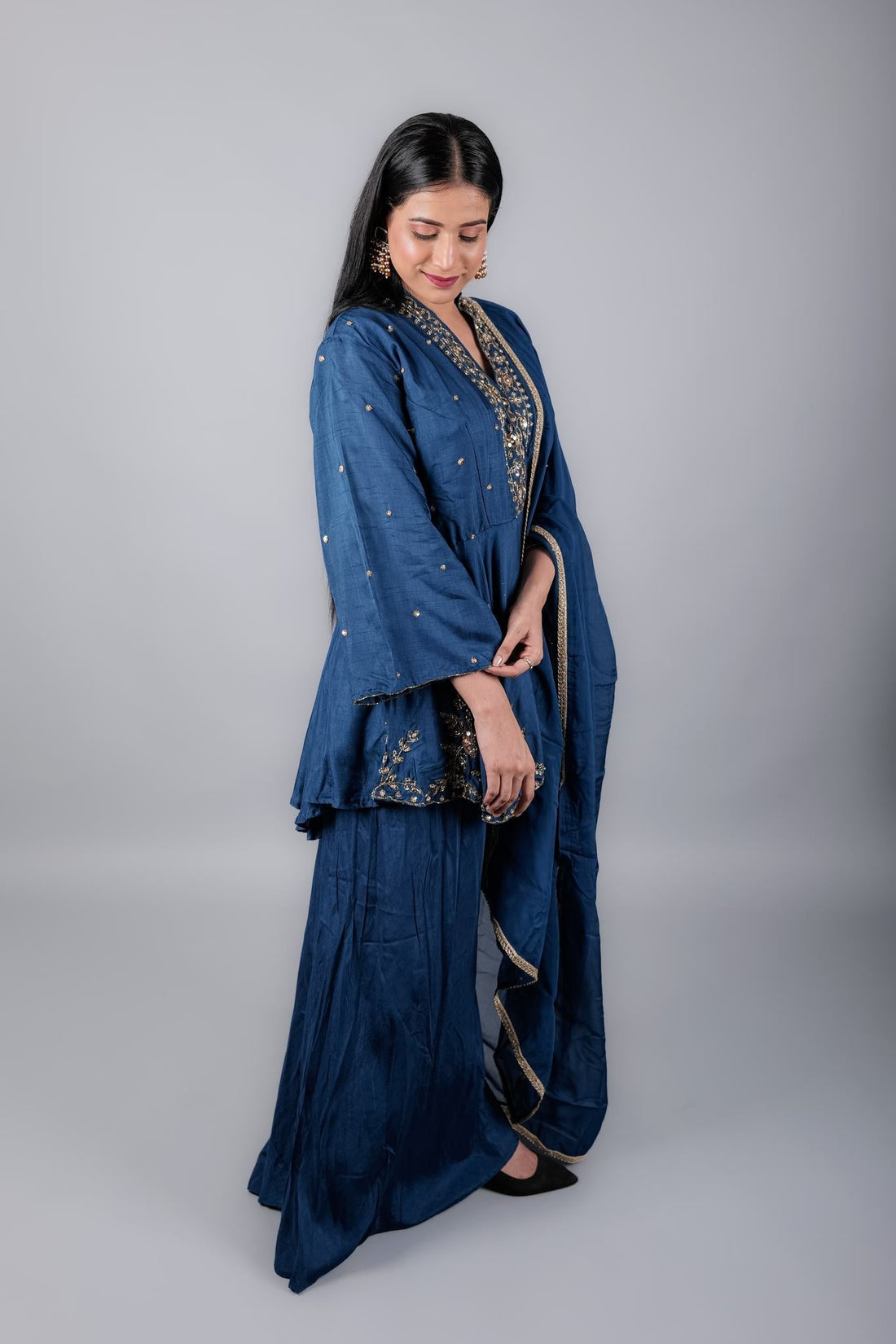 Royal Blue Sharara Dress with Embroidery and Duppata - Kaayada