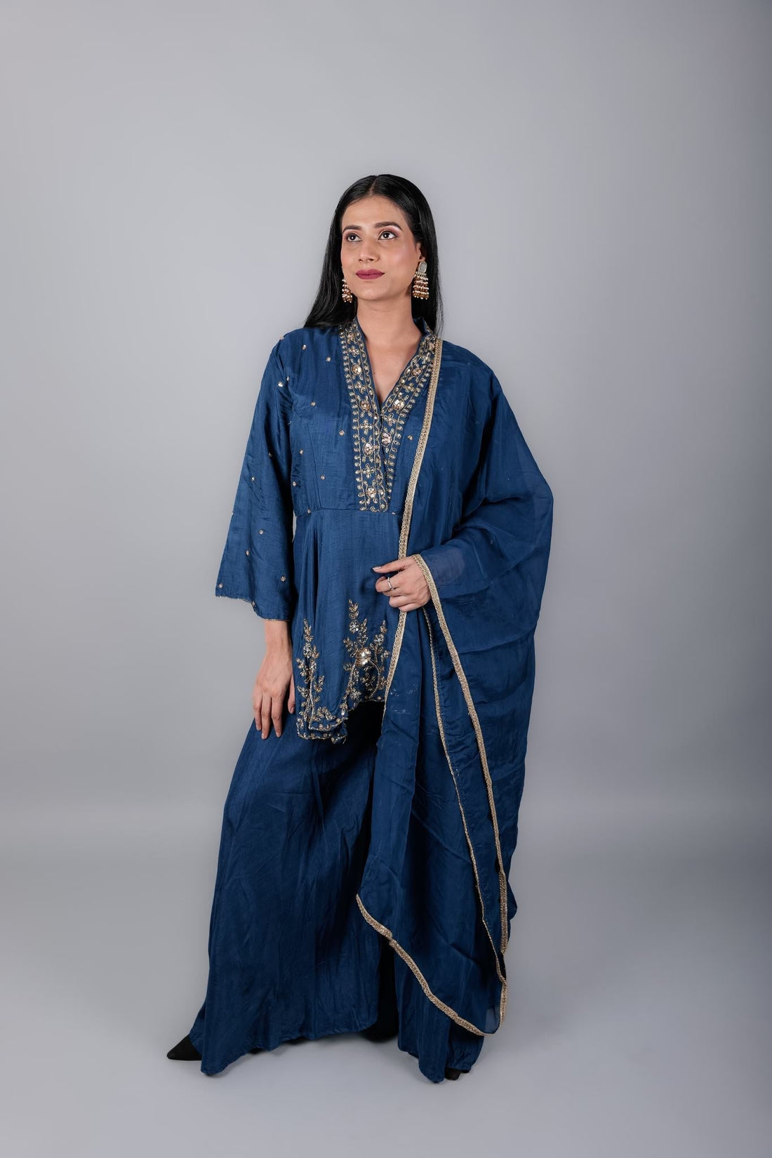Royal Blue Sharara Dress with Embroidery and Duppata - Kaayada