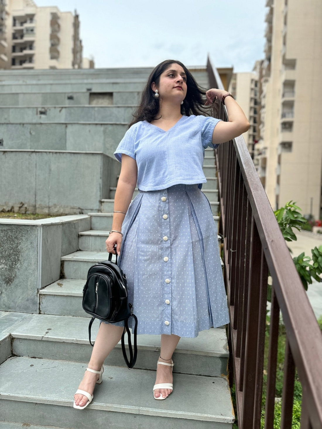 Sweet Serenity: Blue Organic Cotton Crop Top & Pleated Skirt Set - Kaayada