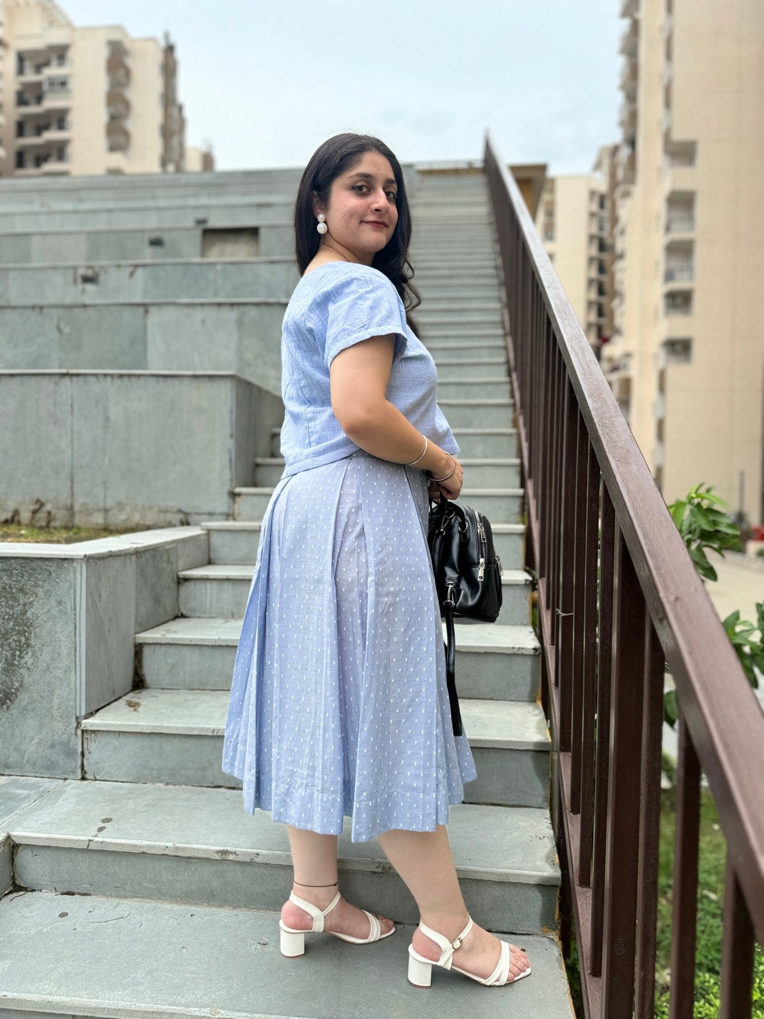 Sweet Serenity: Blue Organic Cotton Crop Top & Pleated Skirt Set - Kaayada