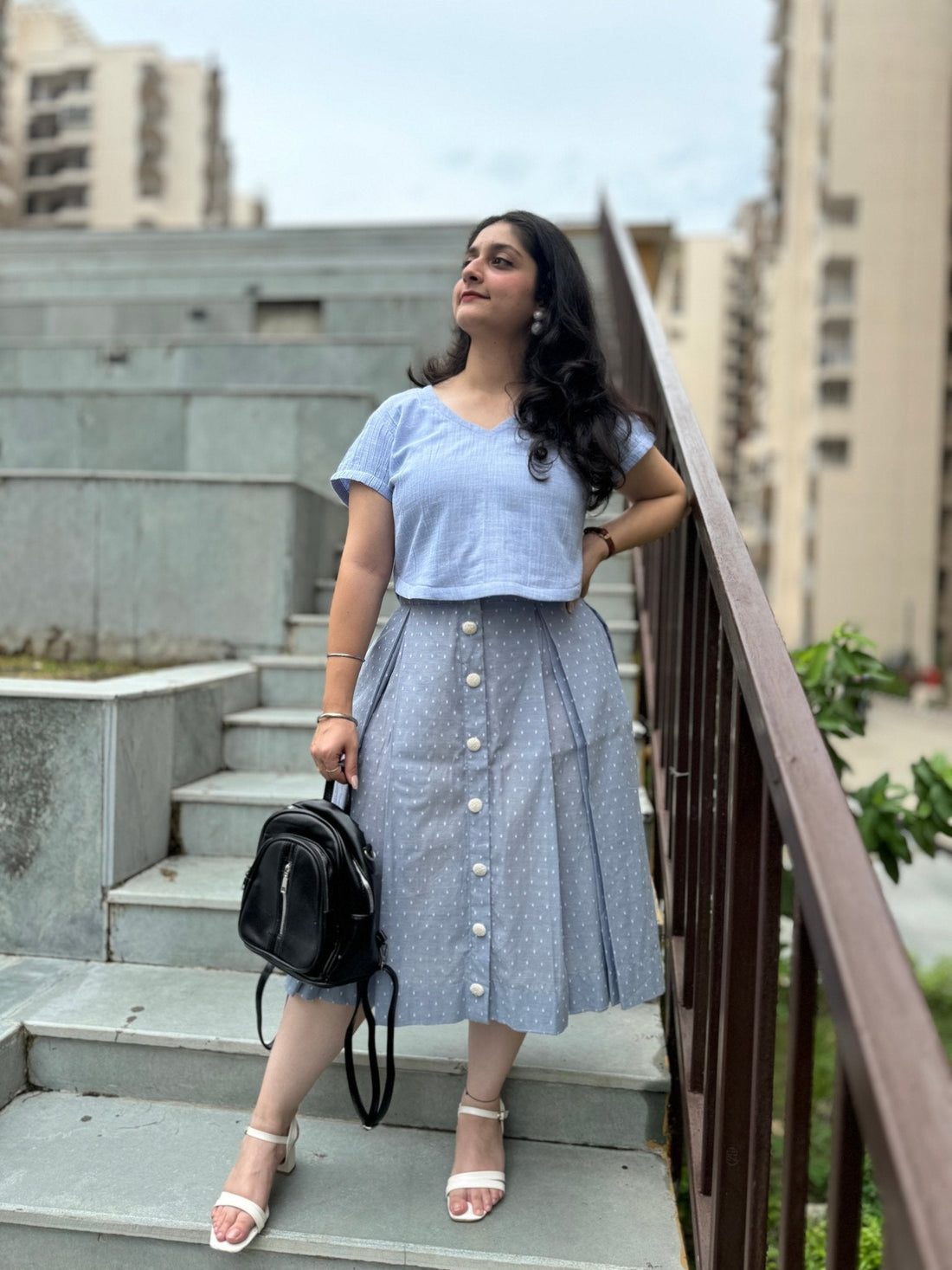 Sweet Serenity: Blue Organic Cotton Crop Top & Pleated Skirt Set - Kaayada