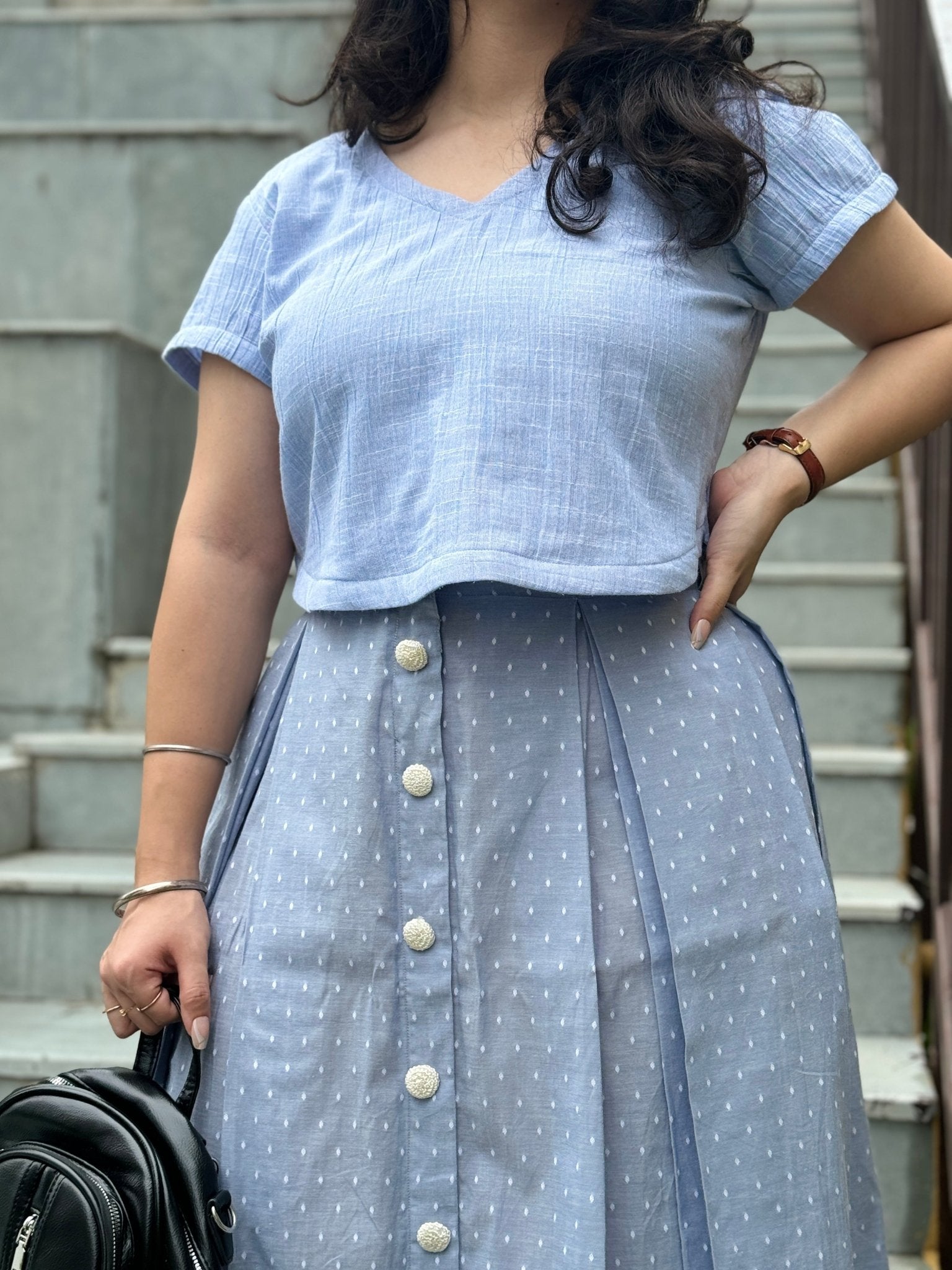 Sweet Serenity: Blue Organic Cotton Crop Top & Pleated Skirt Set - Kaayada